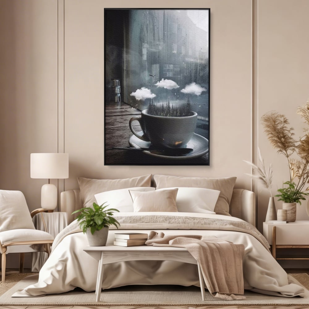 Tablou canvas cu ceasca de cafea cu padure si nori, in rama de aluminiu negru, pe perete intr-un dormitor